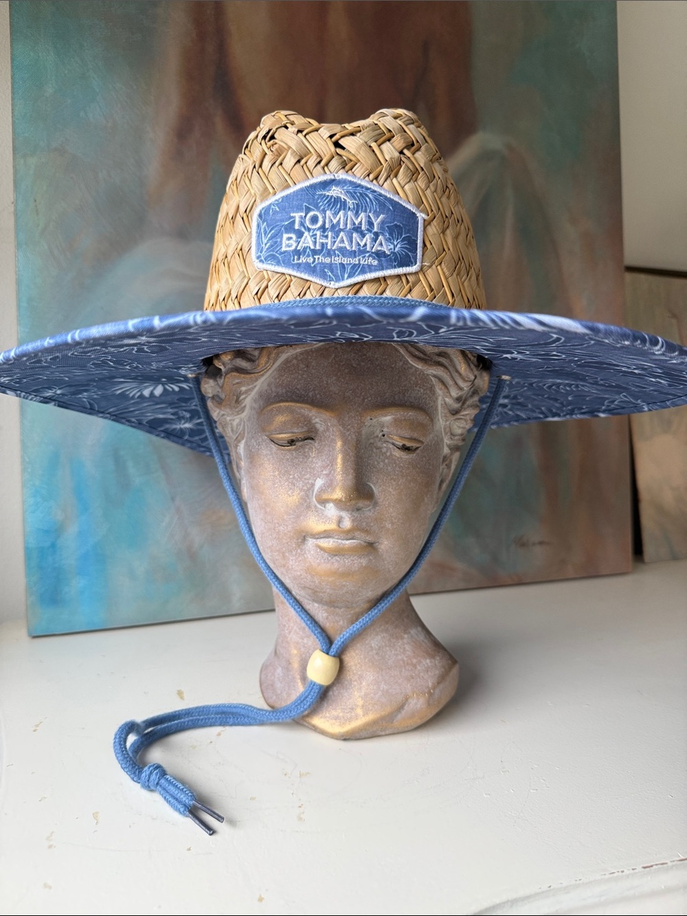 Tommy Bahama Straw Lifeguard Hat - Blue Trim - Chin Cord - Unisex